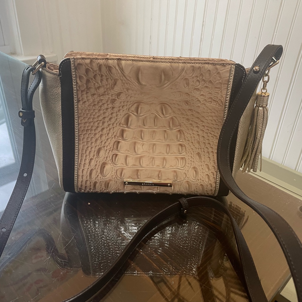 Brahmin Tan And Black Crocodile Embossed Shoulder Bag